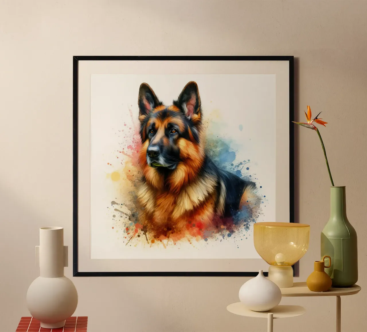 Ritratto ad acquerello di pastore tedesco poster con telaio in legno da 🥝 KIWI STORE
