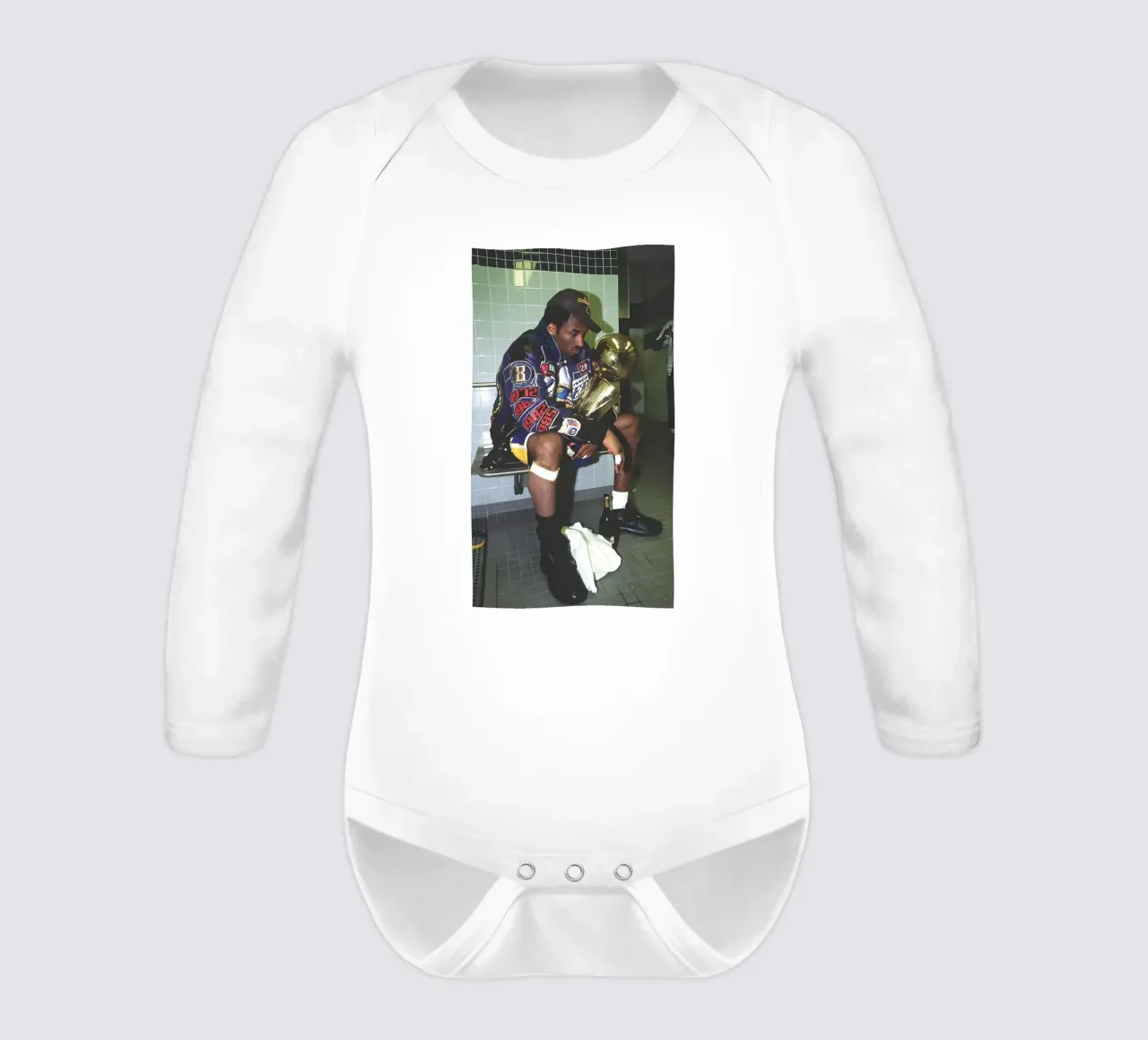 Kobe Reflects in the Locker Room long-sleeve baby romper by FAKE ARTWORK STORE