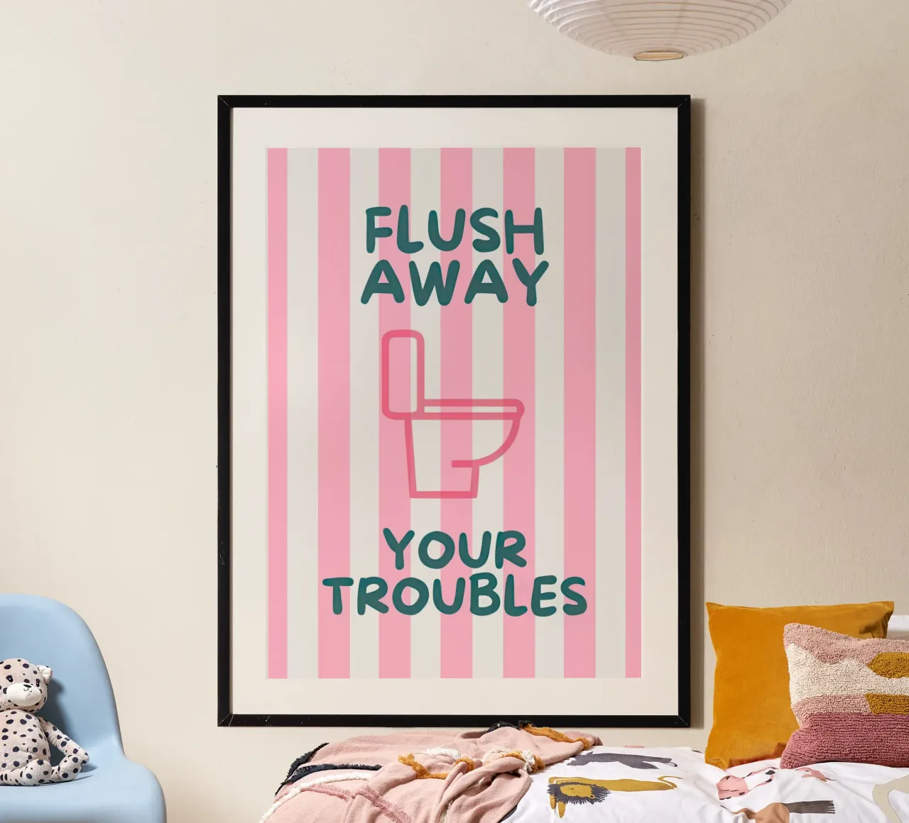 Flush Away Your Troubles poster con telaio in legno da Attaboy Dsgn