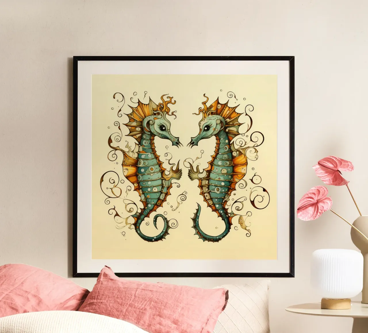 Duo di cavallucci marini retrò poster con telaio in plastica da Funny Animals