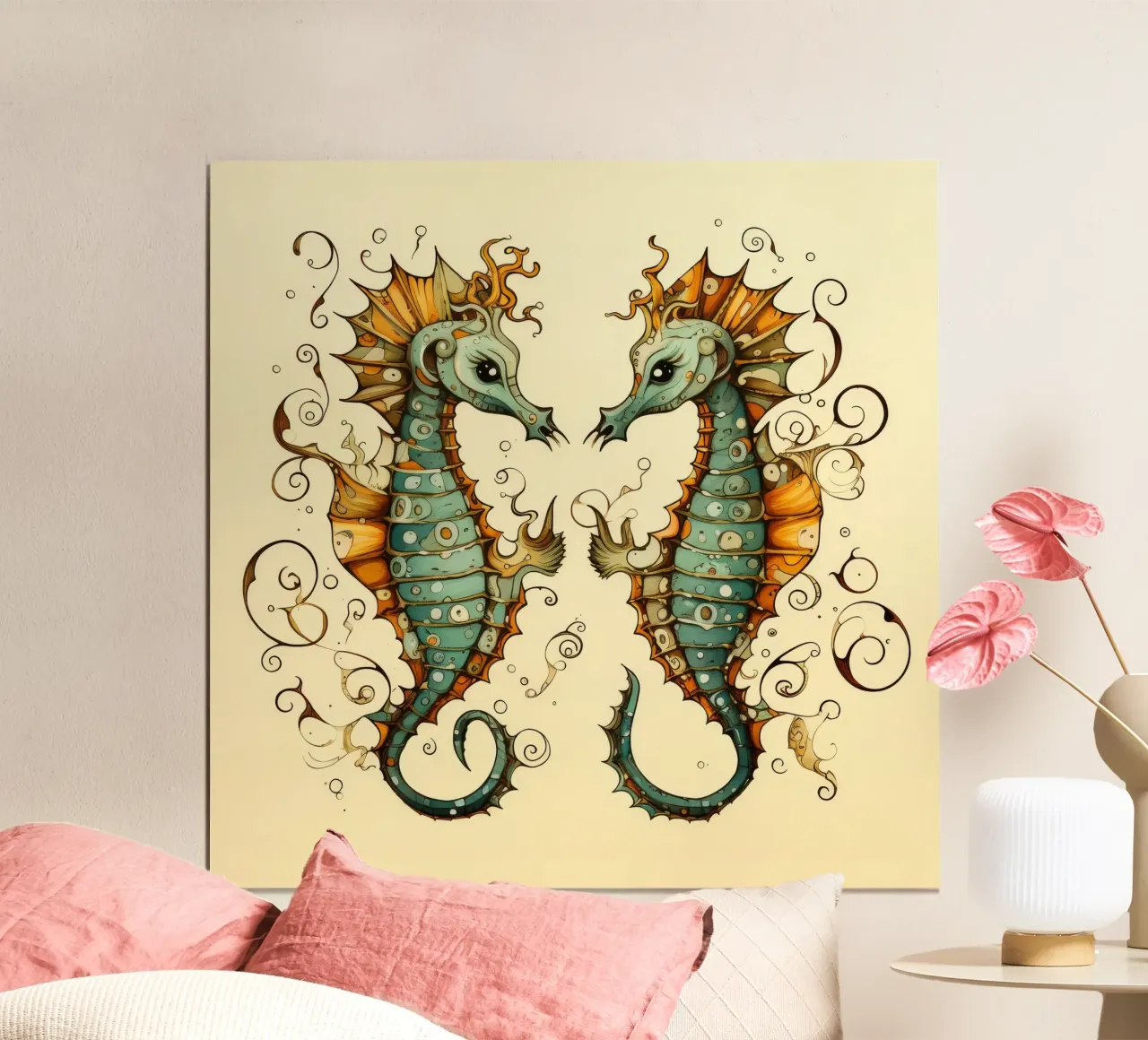 Duo di cavallucci marini retrò poster con telaio in plastica da Funny Animals