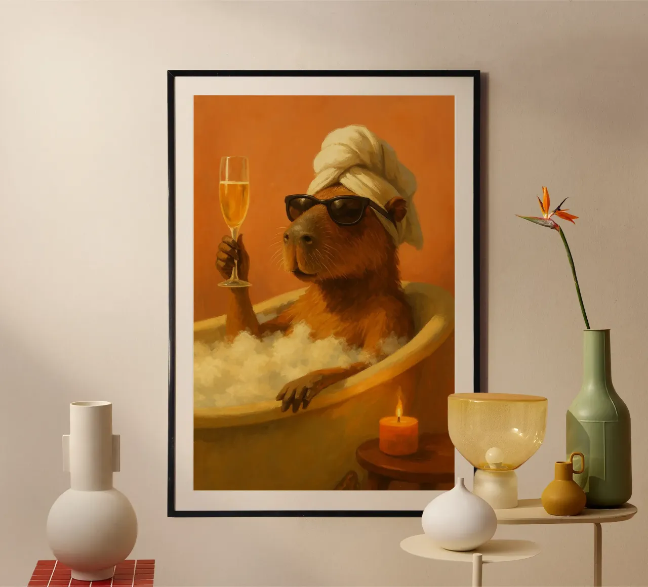 Capybara Spa Day poster con telaio in plastica da Chic Creatures