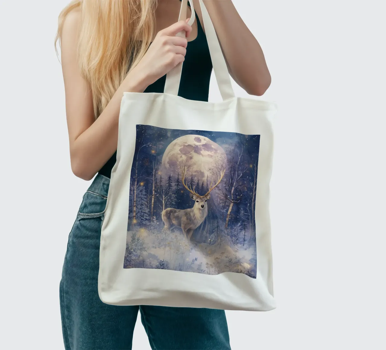Boho Winter Hirsche unter Vollmond magischen Wald Weihnachten Jutebeutel von Gentle Echoes Art