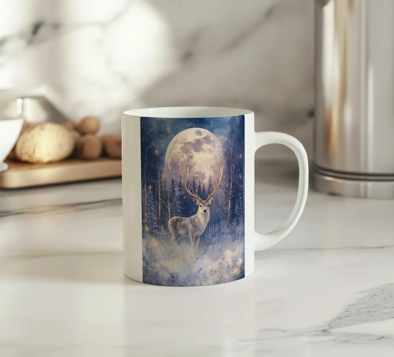 Boho Winter Deer Under Full Moon Magical Forest Christmas ceramic mug by Gentle Echoes Art