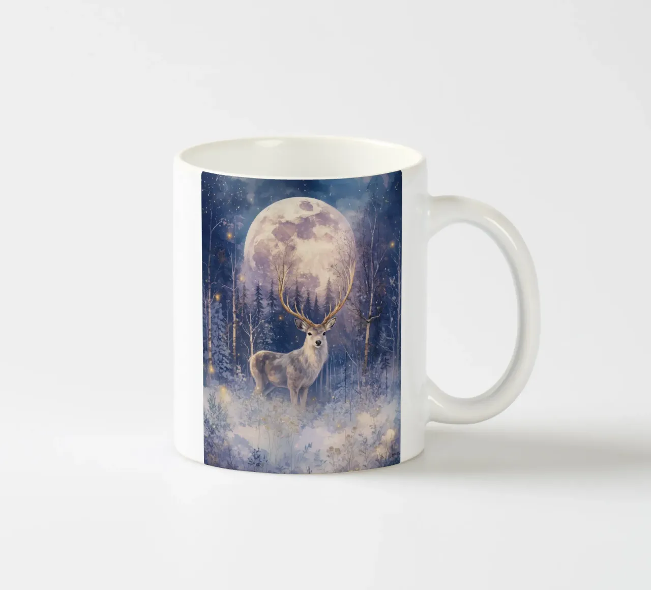 Boho Winter Deer Under Full Moon Magical Forest Christmas ceramic mug by Gentle Echoes Art