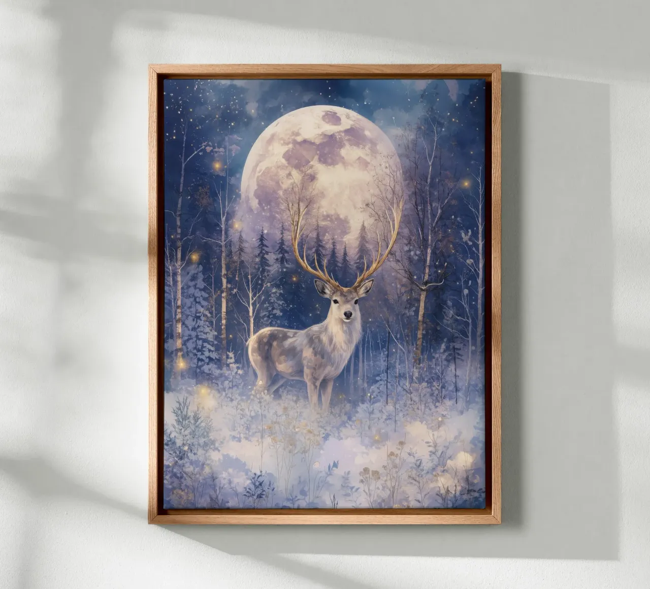 Boho Invierno Ciervo Bajo Luna Llena Bosque Mágico Navidad lienzo con Marco flotante de Gentle Echoes Art