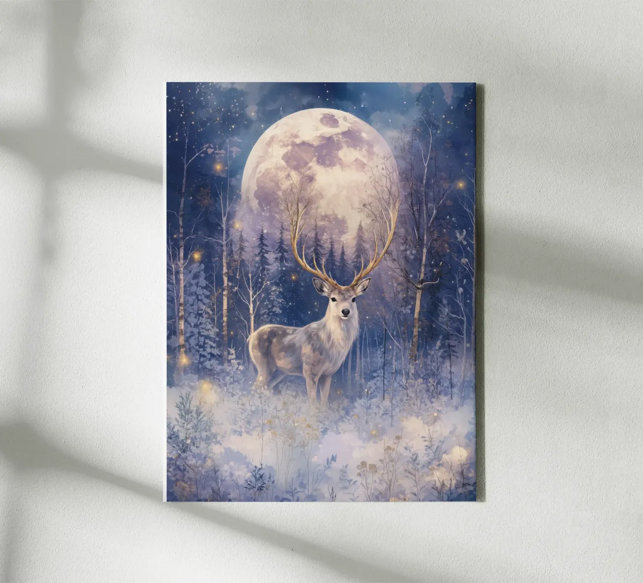 Boho Invierno Ciervo Bajo Luna Llena Bosque Mágico Navidad lienzo con Marco flotante de Gentle Echoes Art