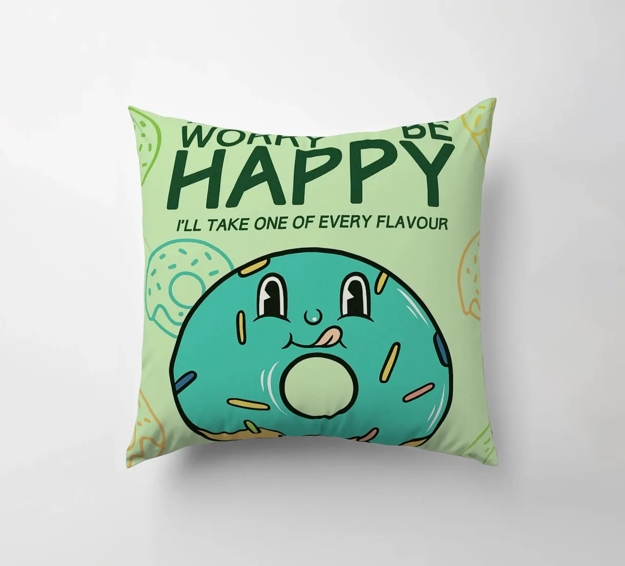 Donut Worry Be Happy decorative cushion by oneone