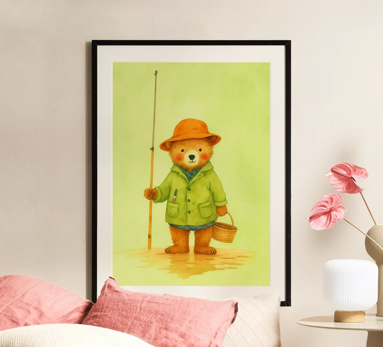 pesca divertente con l'orso poster con telaio in alluminio da oneone