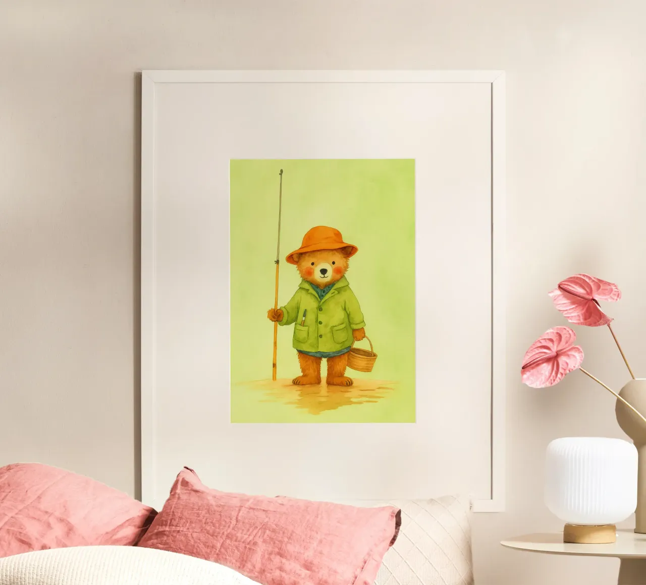pesca divertente con l'orso poster con telaio in alluminio da oneone