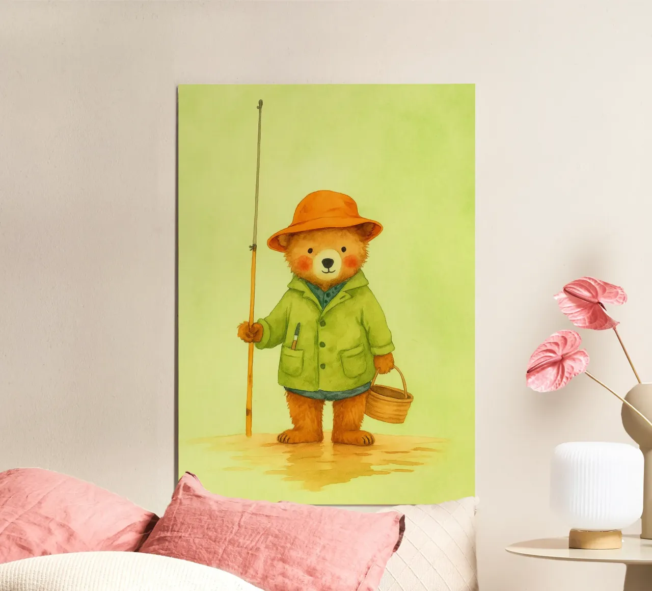 pesca divertente con l'orso poster con telaio in alluminio da oneone