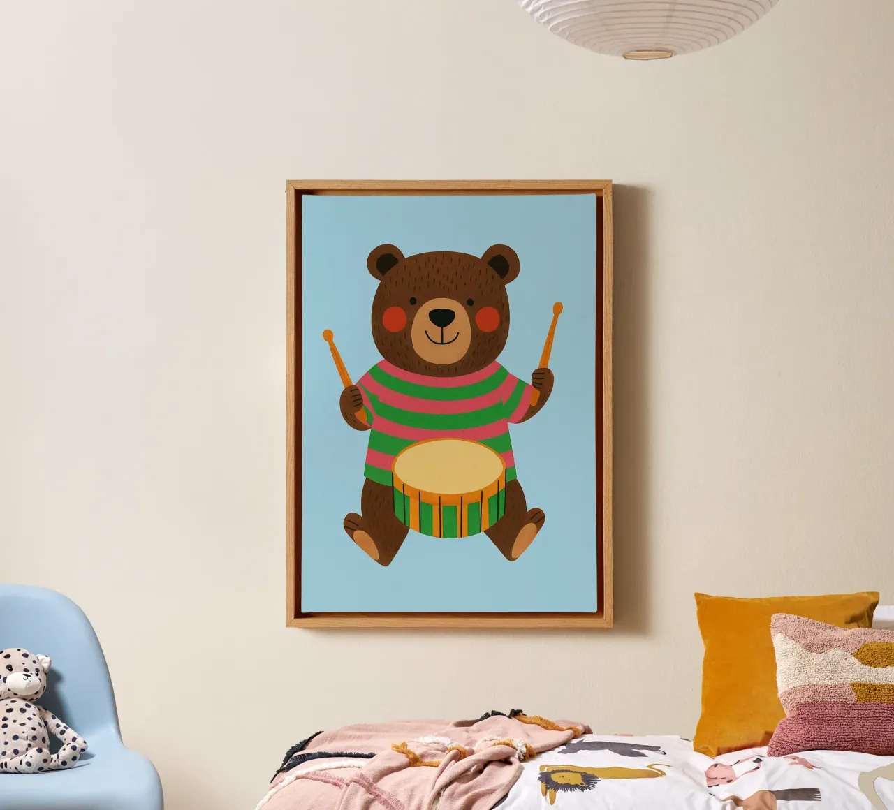 funny bear with drum canvas with Floater frame by oneone