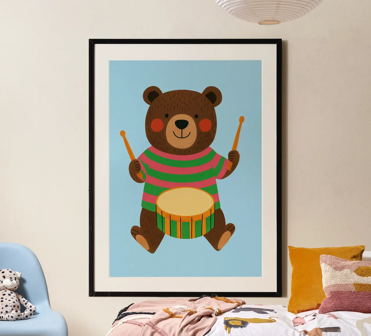 orso divertente con tamburo poster con telaio in plastica da oneone