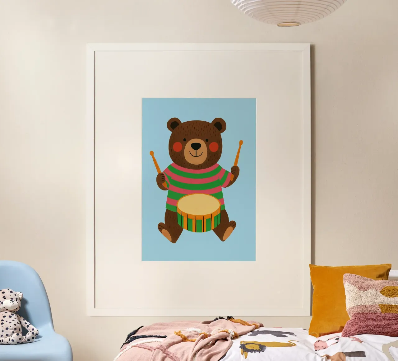 orso divertente con tamburo poster con telaio in plastica da oneone