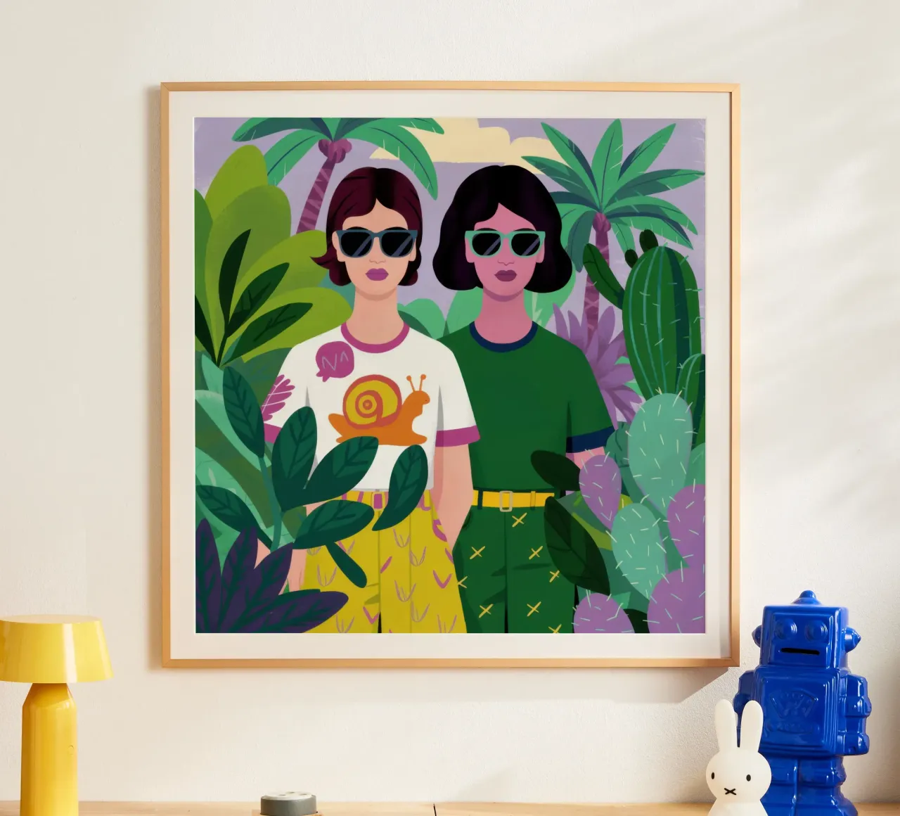Occhiali da sole e pesci rossi poster con telaio in legno da Pale Aura
