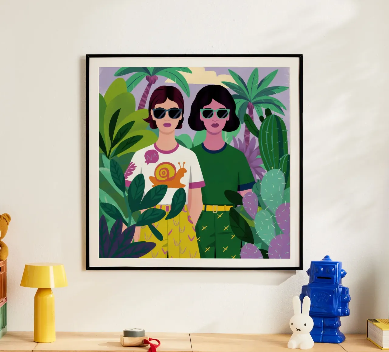 Occhiali da sole e pesci rossi poster con telaio in legno da Pale Aura