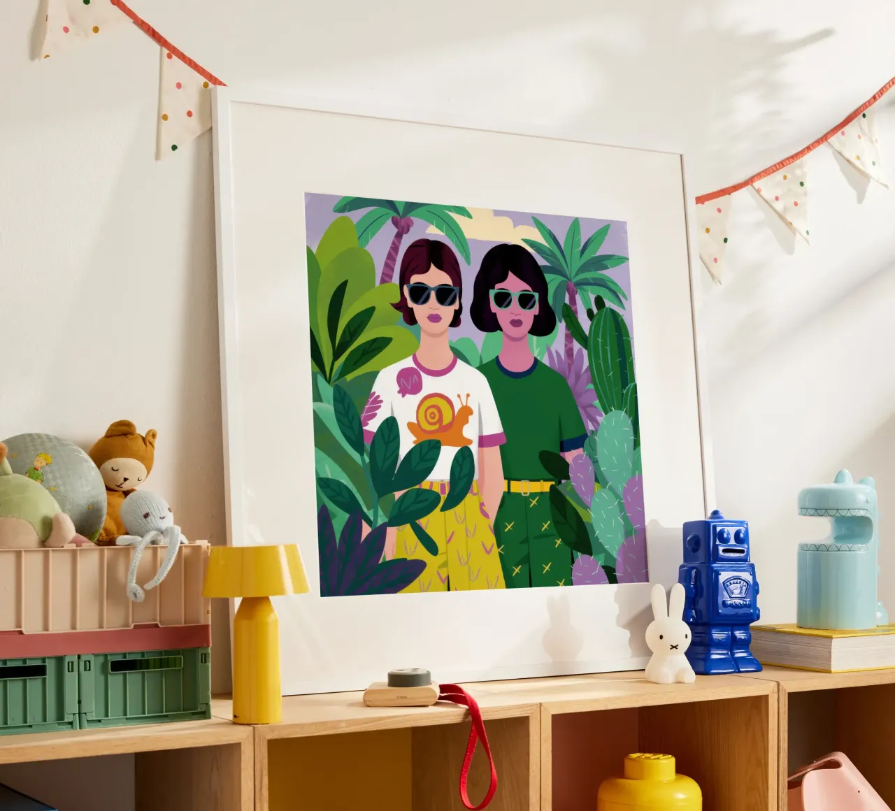 Occhiali da sole e pesci rossi poster con telaio in legno da Pale Aura