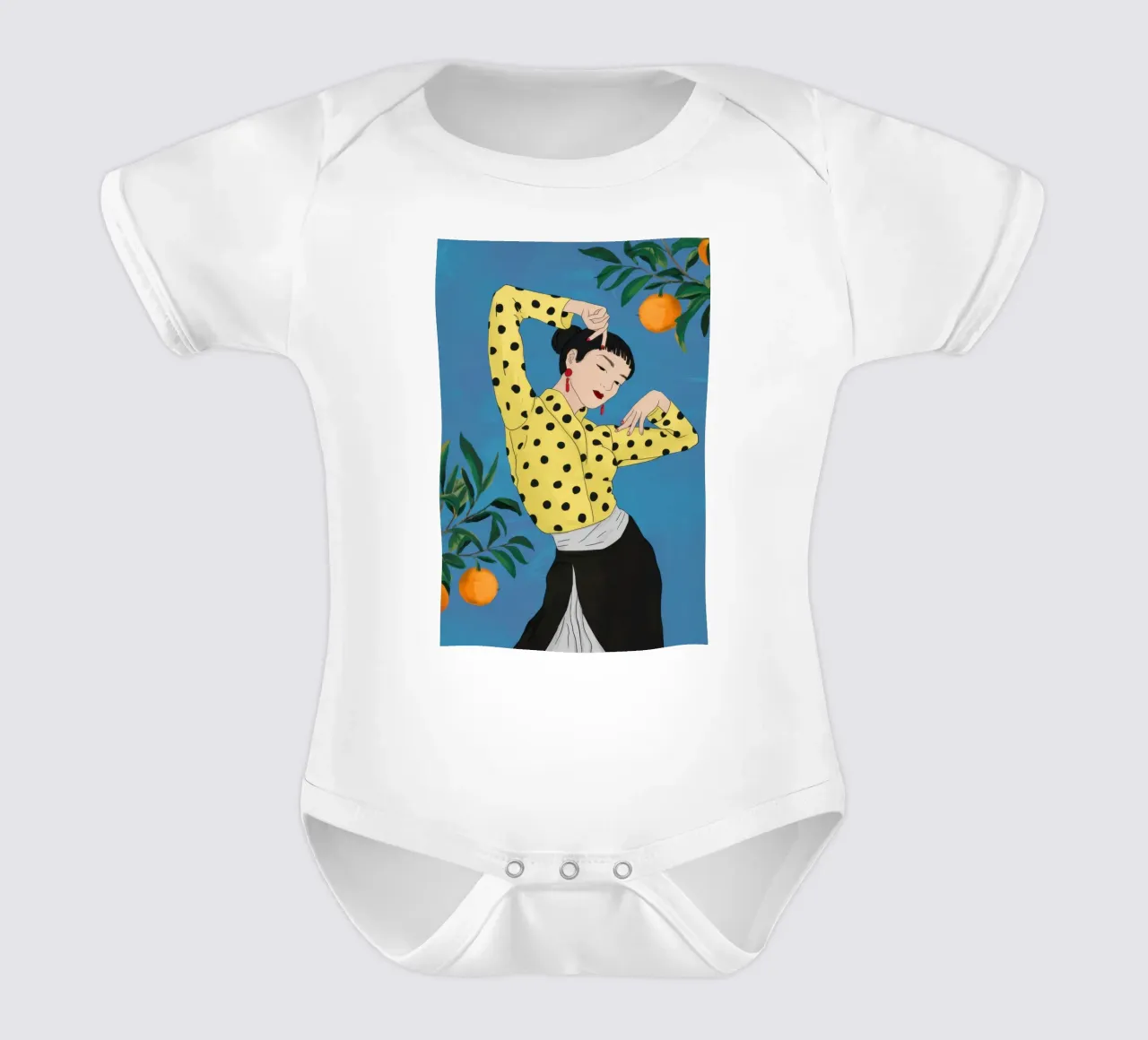 Polka Dot Orange Grove short-sleeve baby romper by Marigold Tiga
