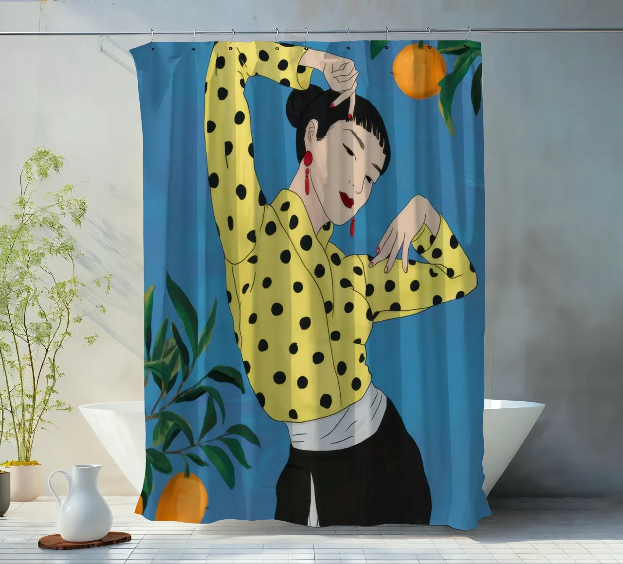 Polka Dot Orange Grove shower curtain by Marigold Tiga