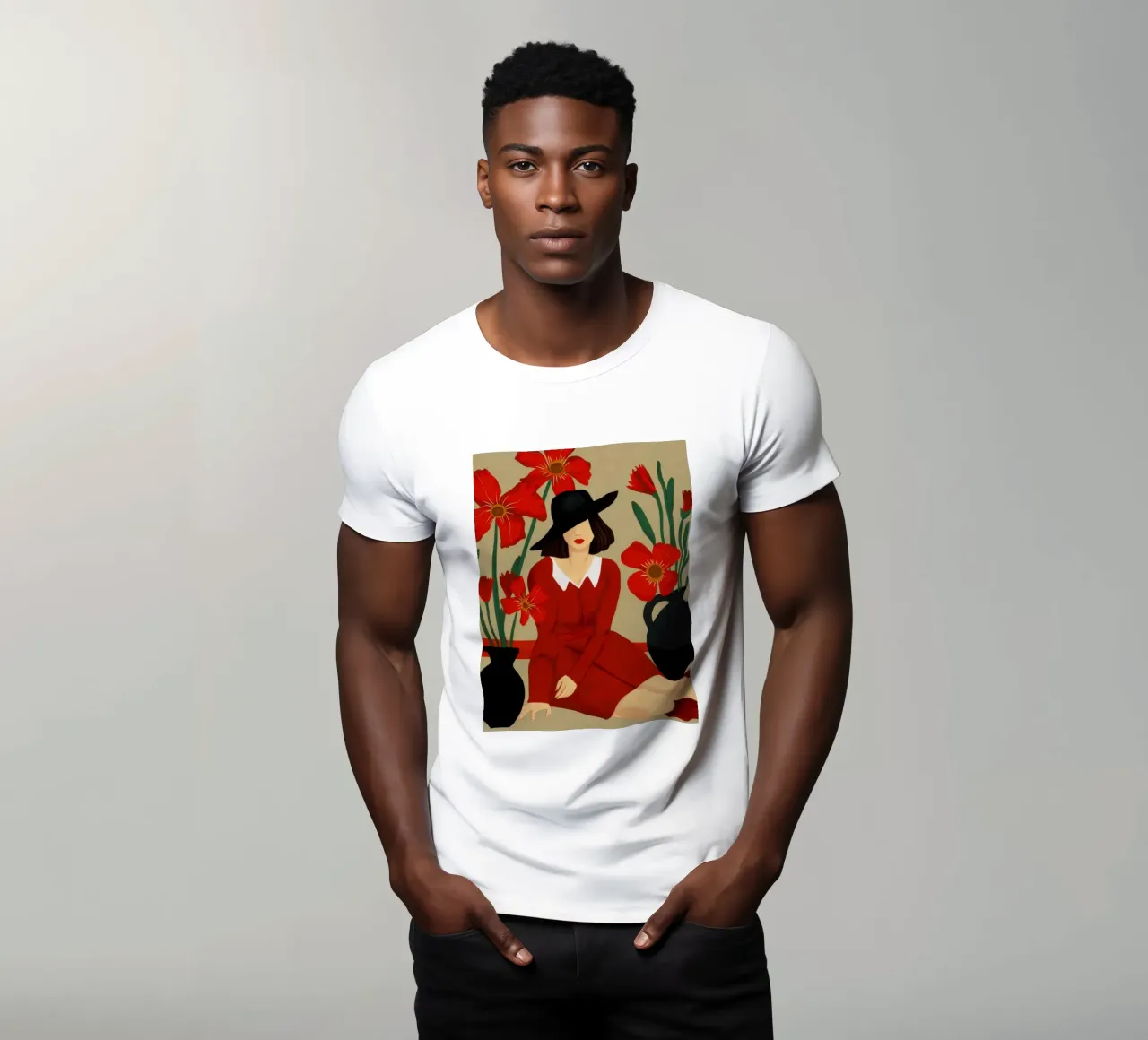 Abito rosso Cappello nero t-shirt da Marigold Tiga