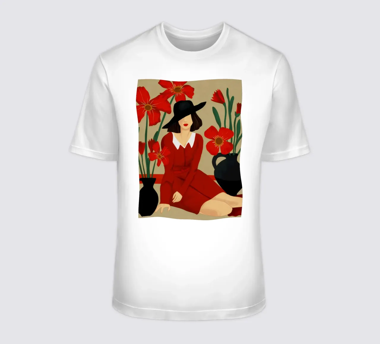 Abito rosso Cappello nero t-shirt da Marigold Tiga