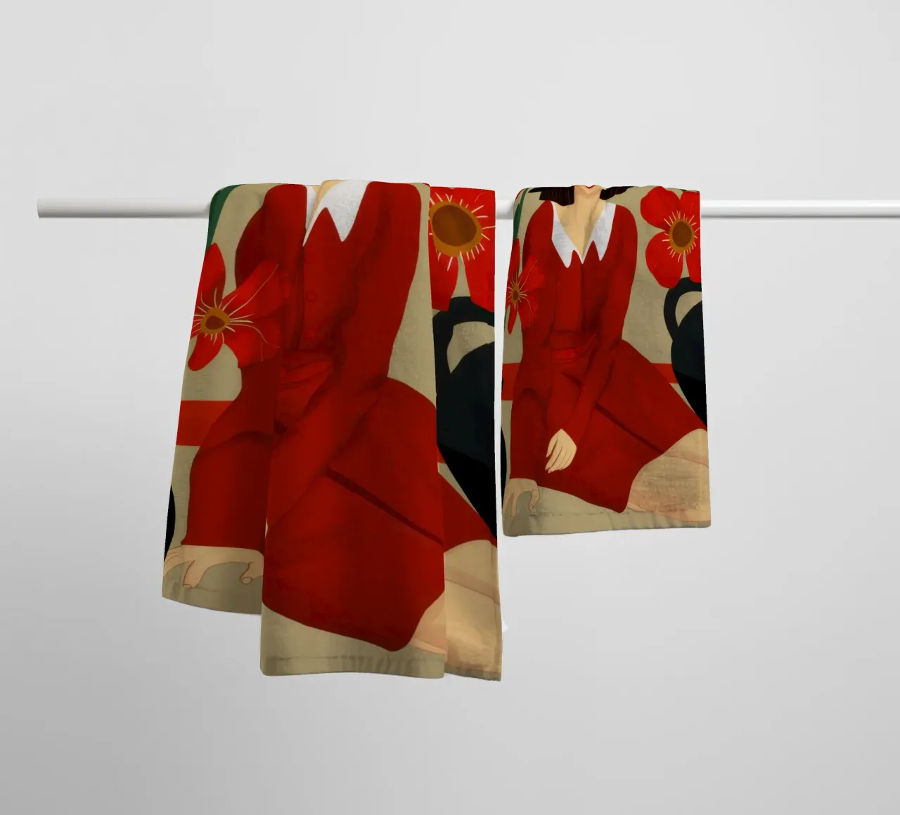 Abito rosso Cappello nero asciugamano da bagno da Marigold Tiga