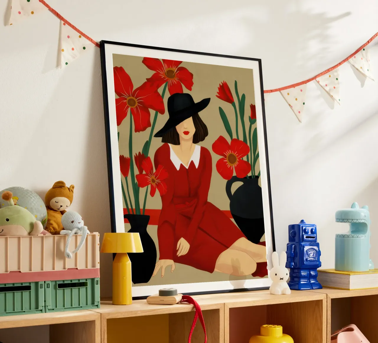 Rotes Kleid Schwarzer Hut Poster mit Kunststoffrahmen von Marigold Tiga
