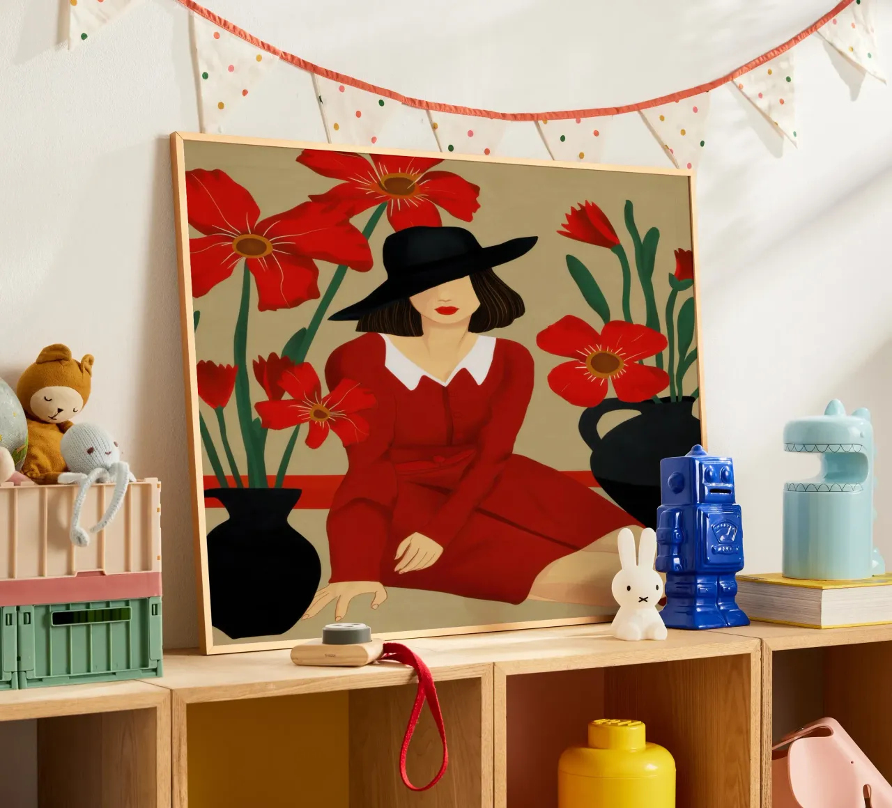 Rotes Kleid Schwarzer Hut Poster mit Kunststoffrahmen von Marigold Tiga