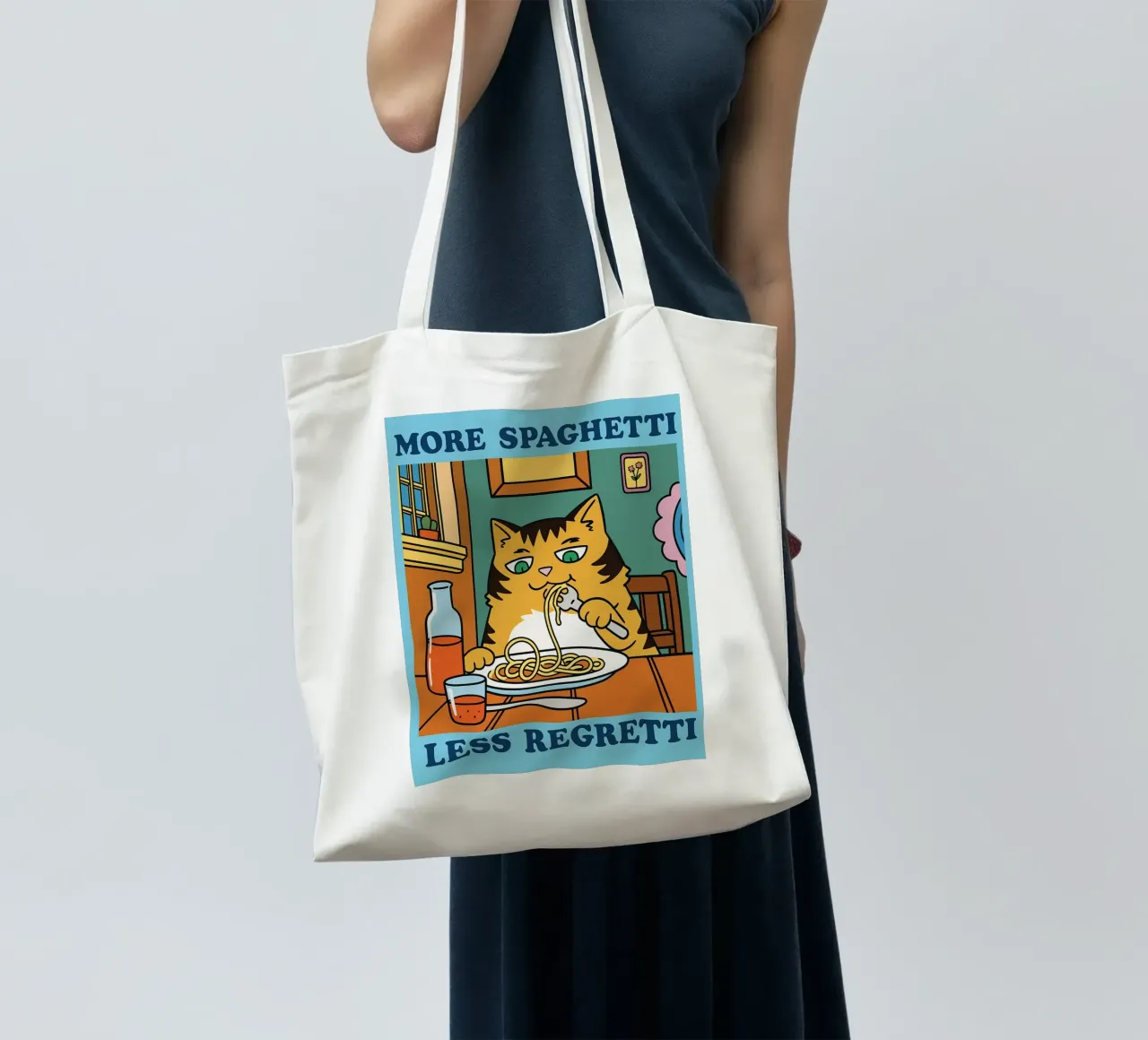 Funny Cat More Spaghetti Less regretti borsa in juta da oneone