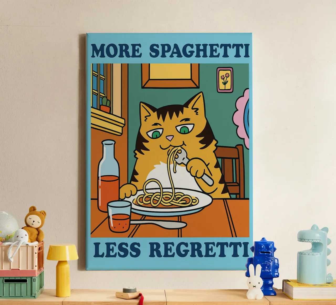 Funny Cat More Spaghetti Less regretti tela con Cornice a cassetta da oneone