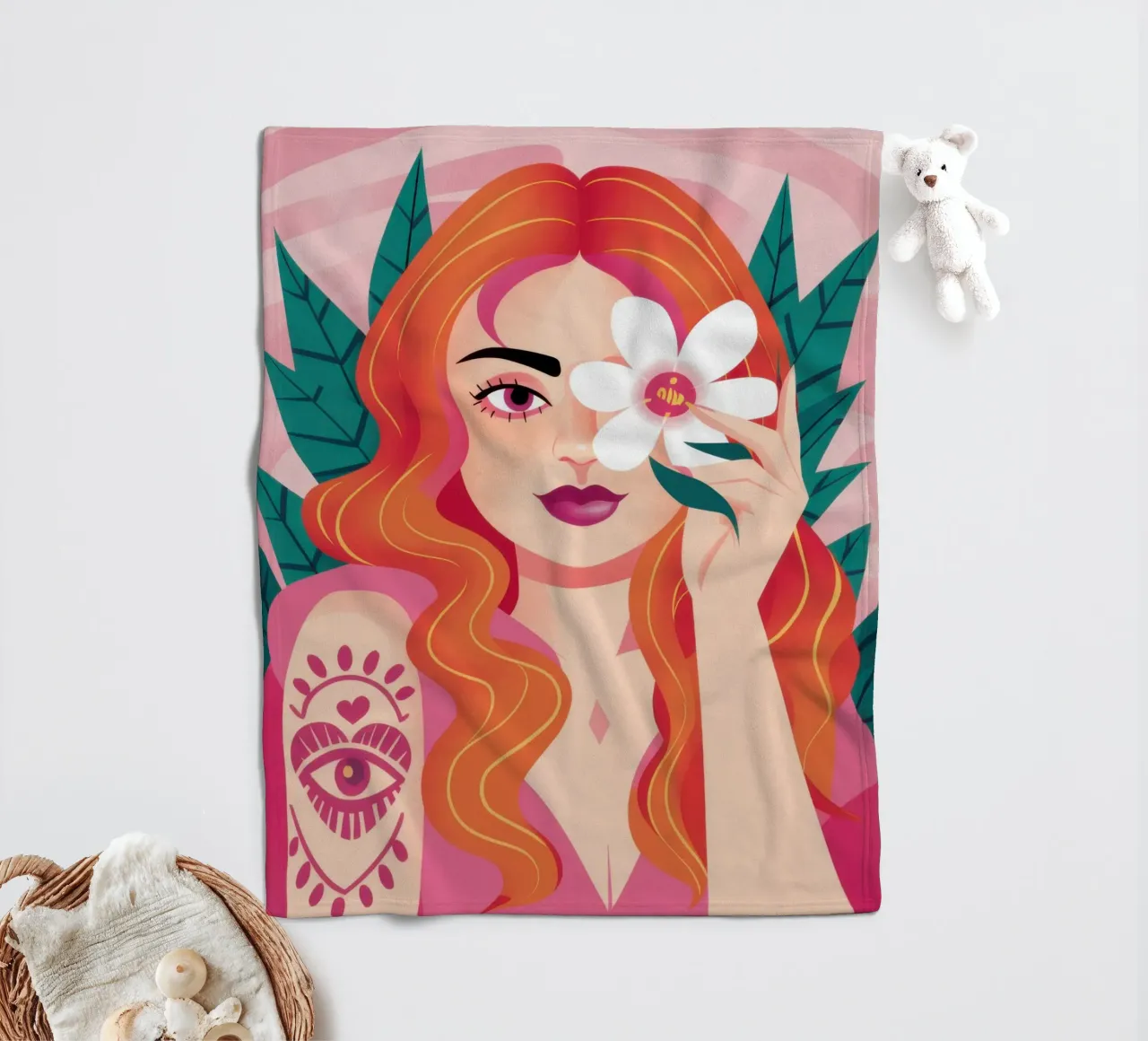 Floral Tattoo Goddess fleece blanket by Marigold Tiga