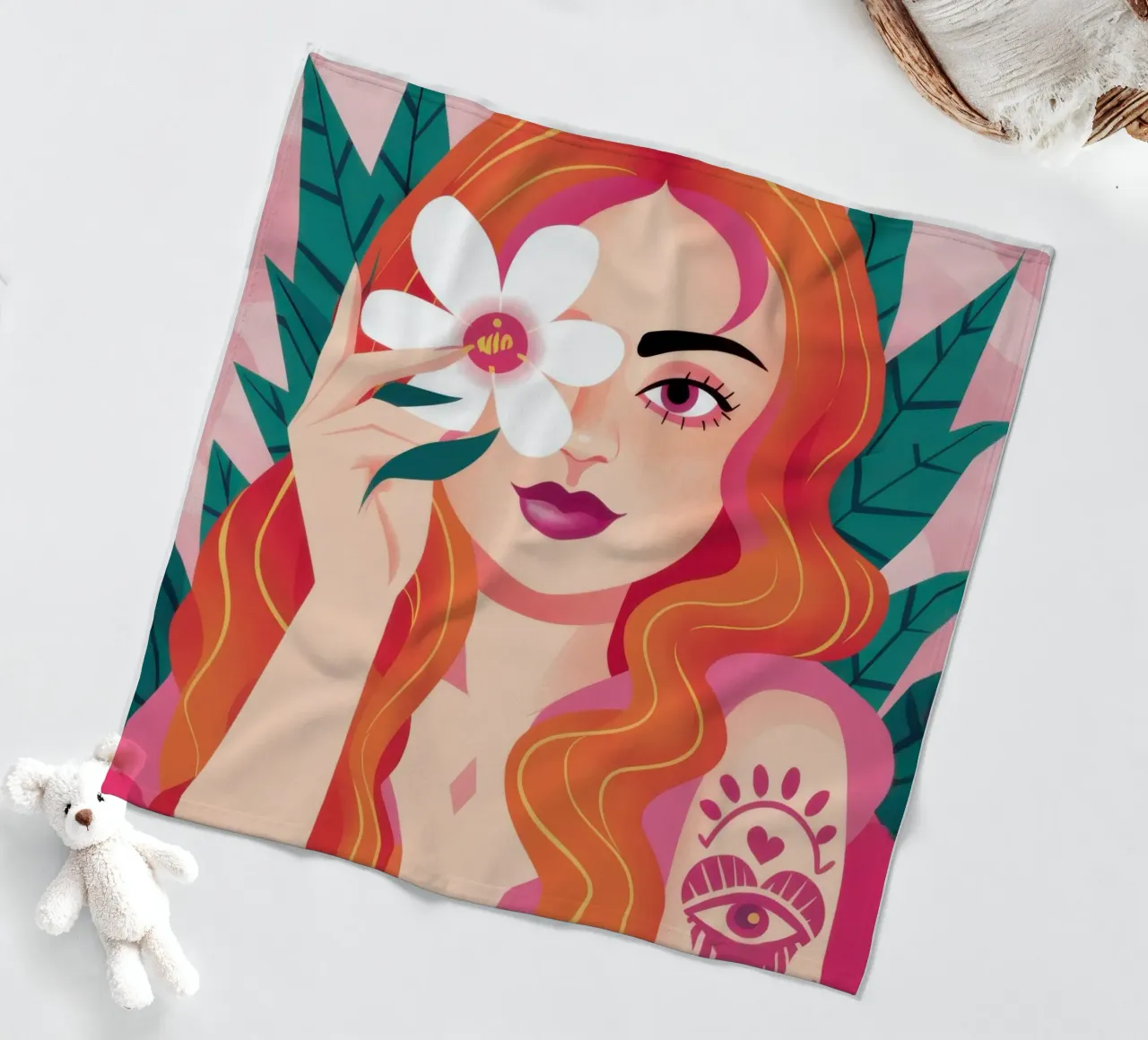 Floral Tattoo Goddess fleece blanket by Marigold Tiga