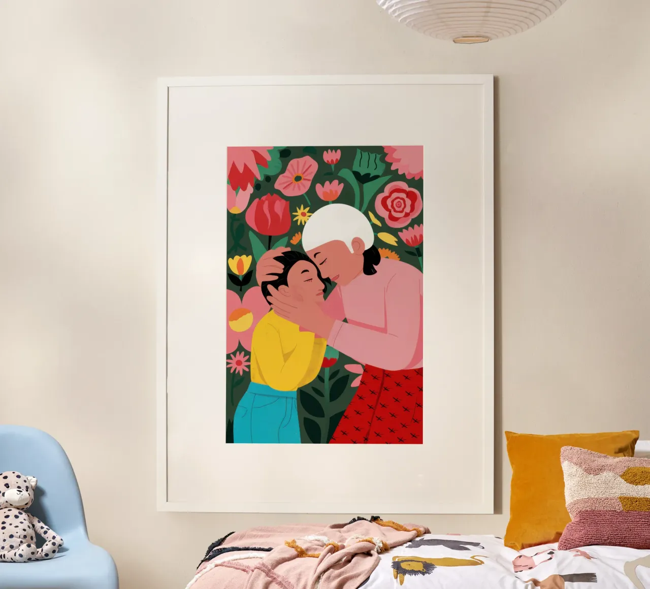 Abbraccio di tulipani poster con telaio in legno da Sentinel Glow