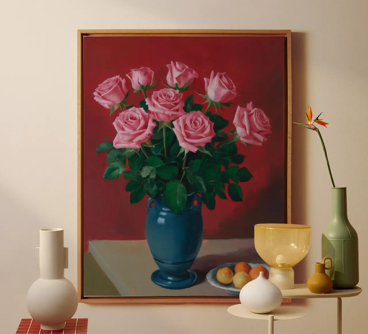 Blaue Vase Rosa Rosen Leinwand mit Schattenfugenrahmen von Stone Decade