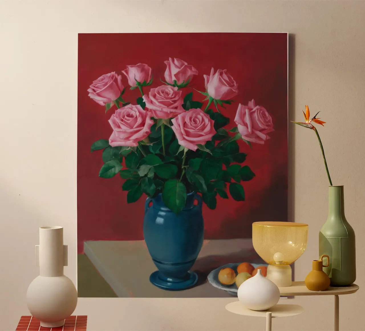 Blaue Vase Rosa Rosen Leinwand mit Schattenfugenrahmen von Stone Decade