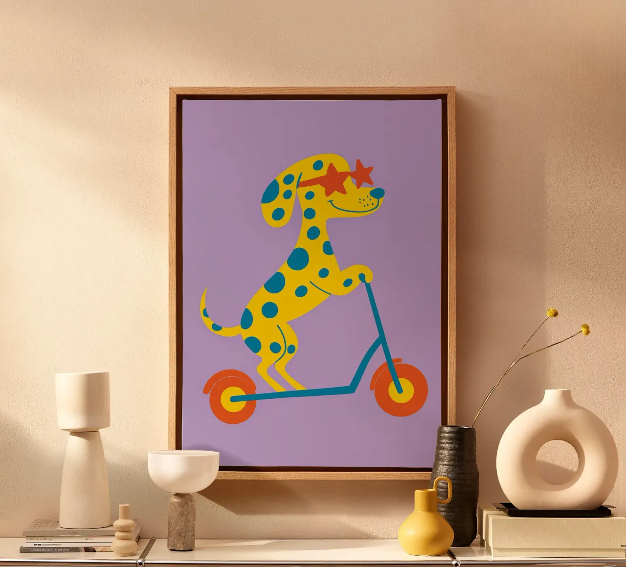 funny dog with scooter canvas with Floater frame by oneone