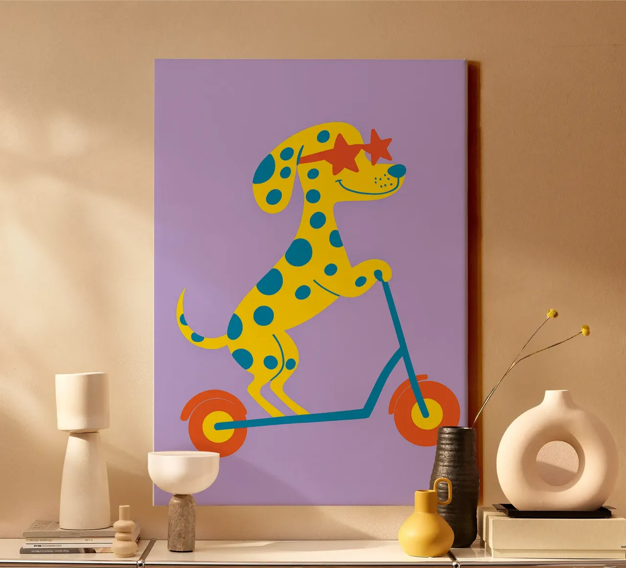 funny dog with scooter canvas with Floater frame by oneone
