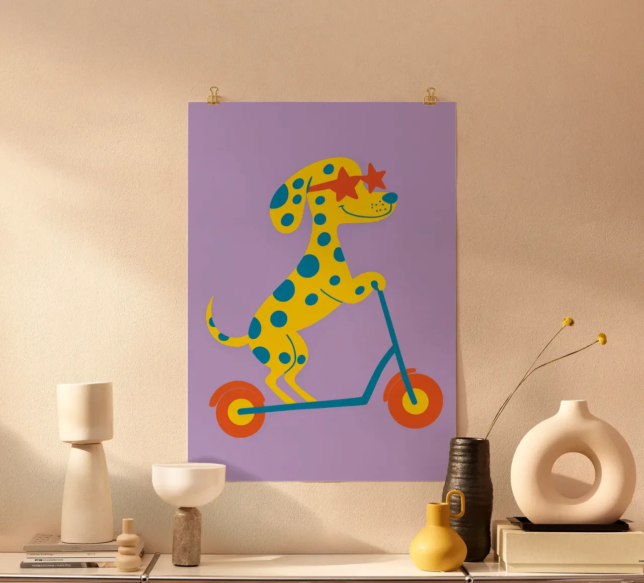 cane divertente con scooter poster con telaio in legno da oneone