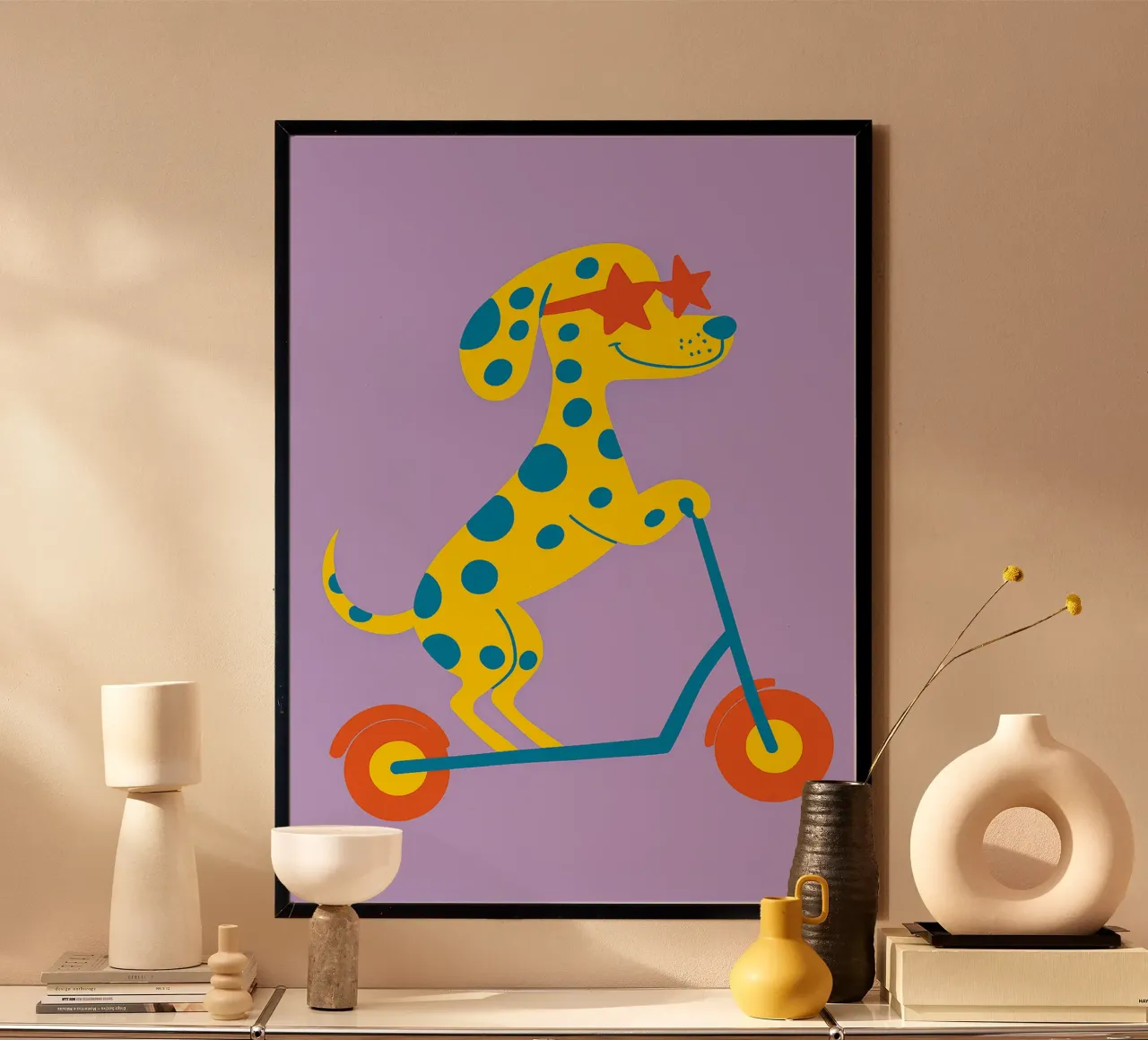 cane divertente con scooter poster con telaio in legno da oneone