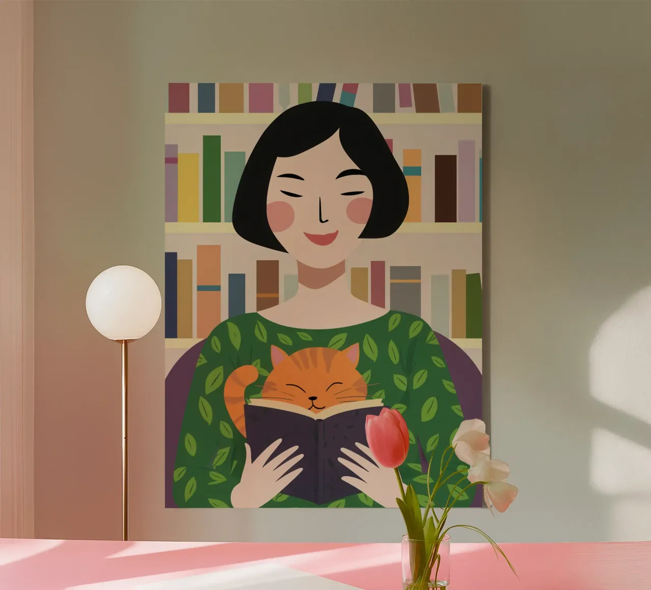 Reading with a Cat canvas by Marigold Tiga