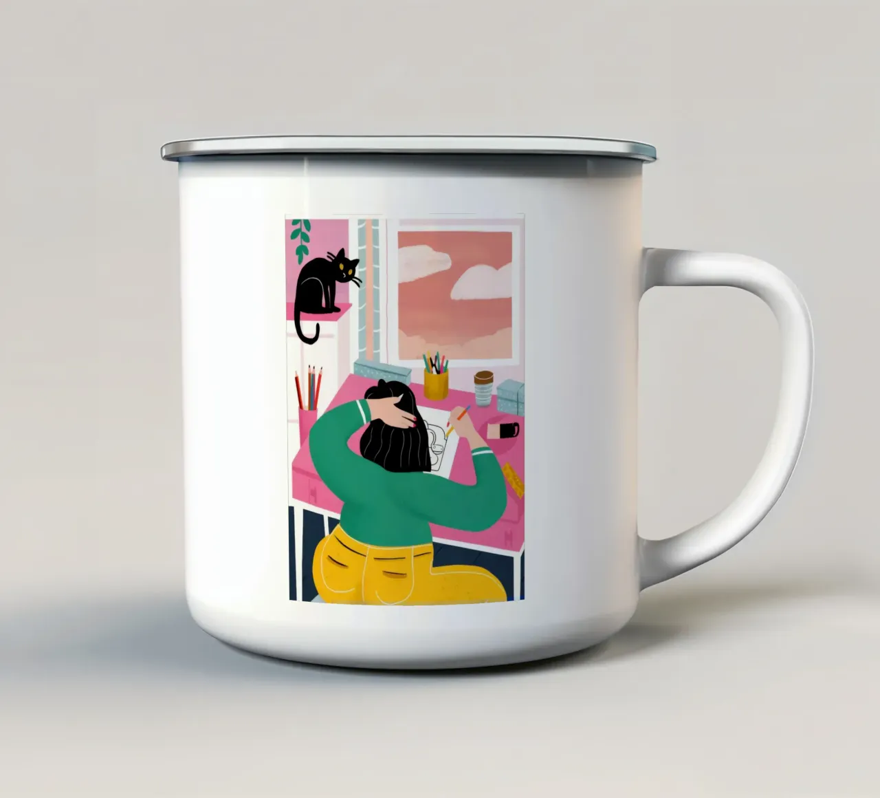 Ablenkung durch die Schreibtischkatze Emaille Tasse von Pale Aura
