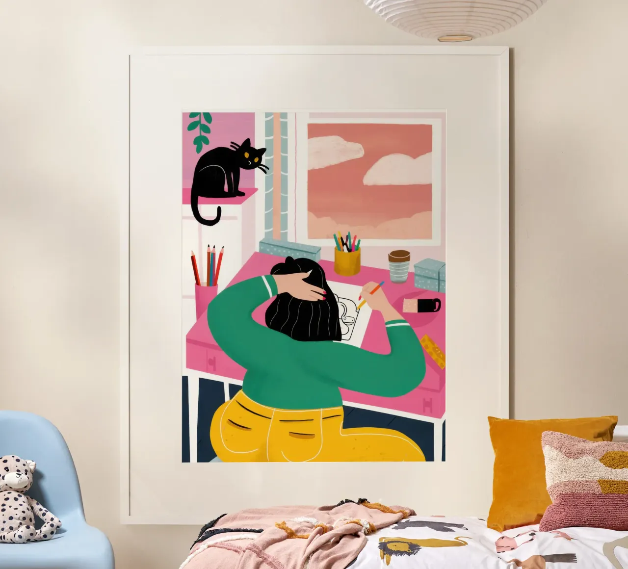 Distrazione del gatto da scrivania poster con telaio in legno da Pale Aura