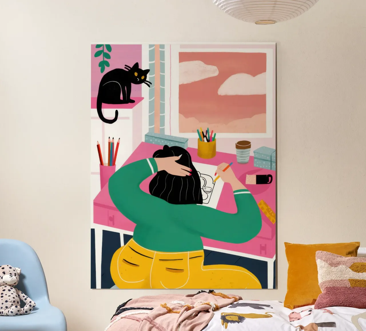 Distrazione del gatto da scrivania poster con telaio in legno da Pale Aura