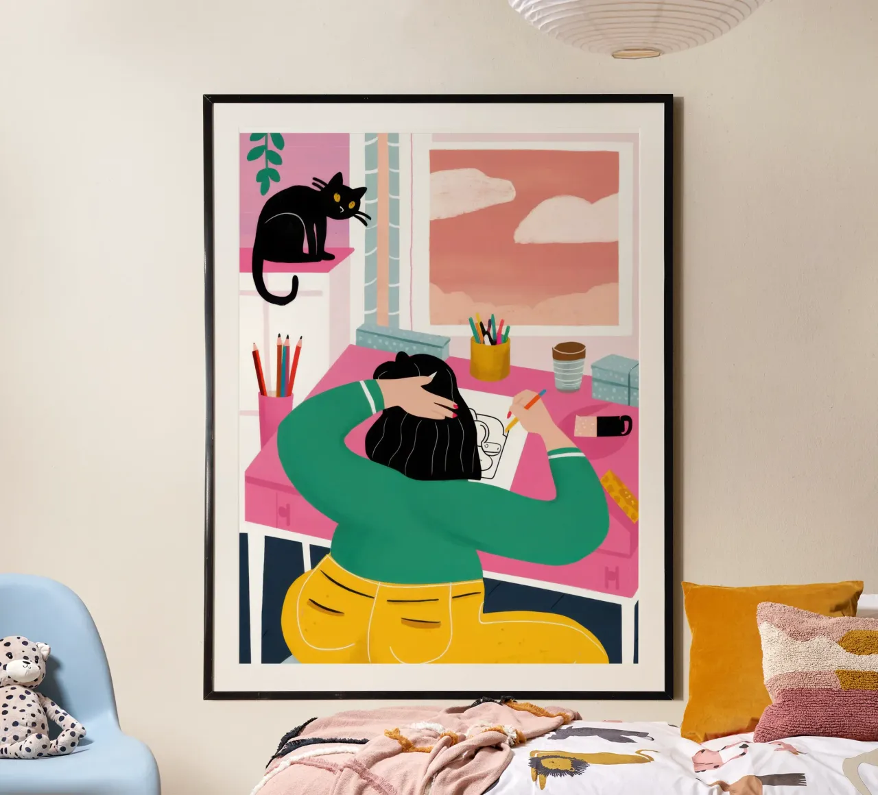 Distrazione del gatto da scrivania poster con telaio in legno da Pale Aura