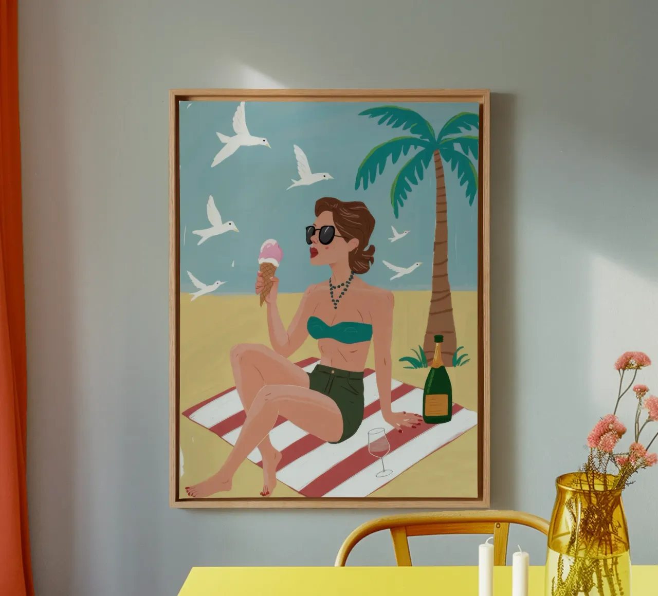 Giornata in spiaggia Champagne tela con Cornice a cassetta da Pale Aura