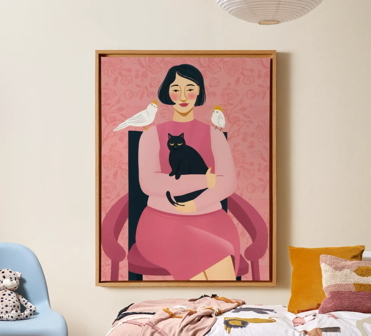 Zwarte kat Witte duif canvas met Baklijst van Marigold Tiga