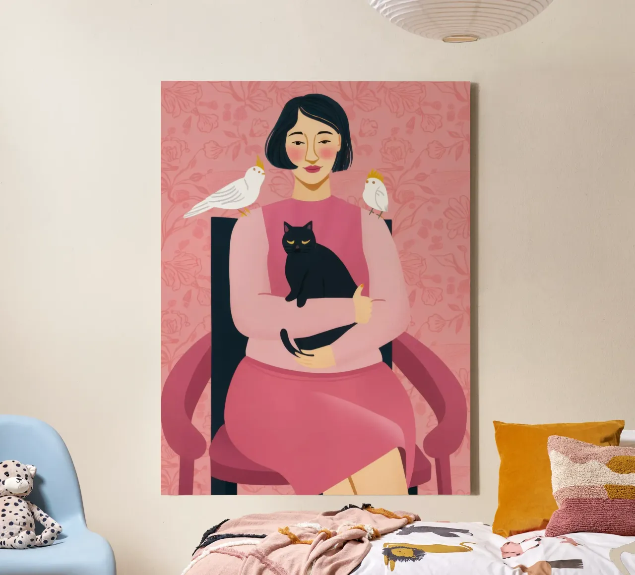 Zwarte kat Witte duif canvas met Baklijst van Marigold Tiga