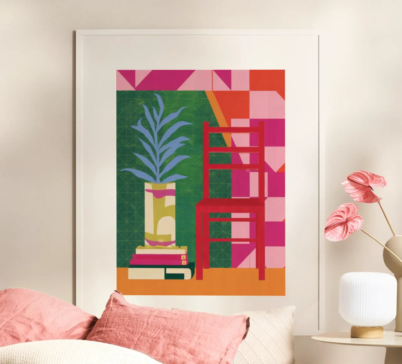 Sedia rossa Pianta verde poster con telaio in plastica da Stone Decade