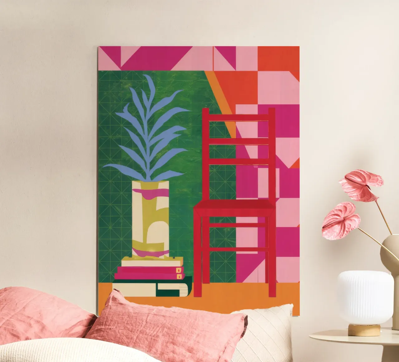 Sedia rossa Pianta verde poster con telaio in plastica da Stone Decade