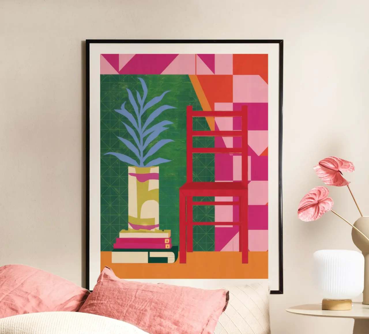 Sedia rossa Pianta verde poster con telaio in plastica da Stone Decade